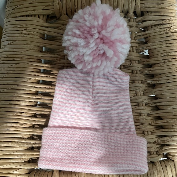 Newborn Pom Pom Hat, Pink Stripes - Picture 2 of 2
